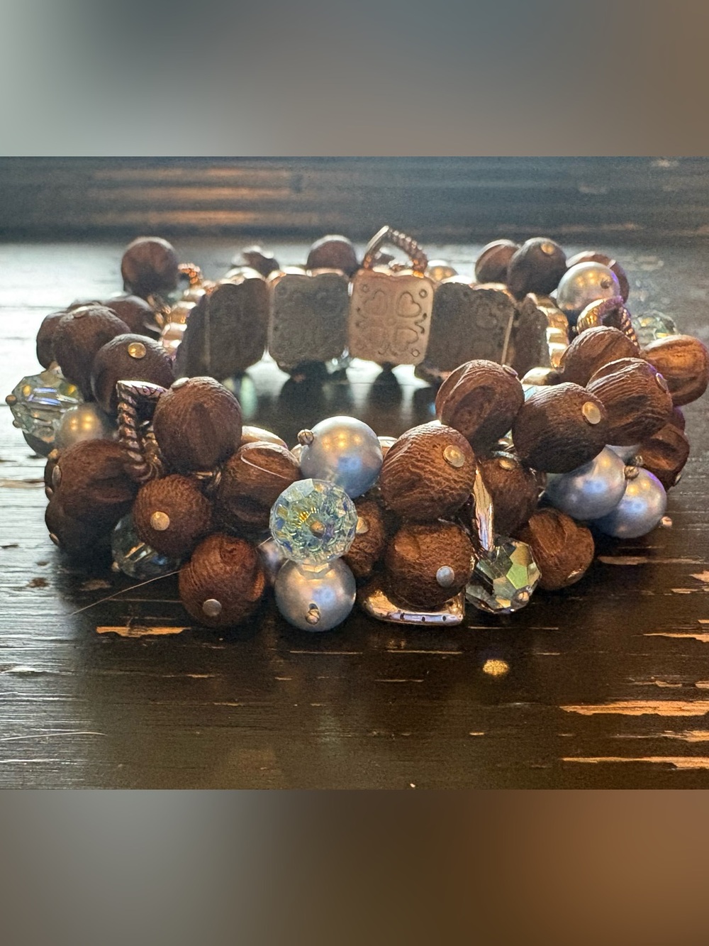 Brighton Brown Wood and Light Blue Pearl Cluster Bracelet